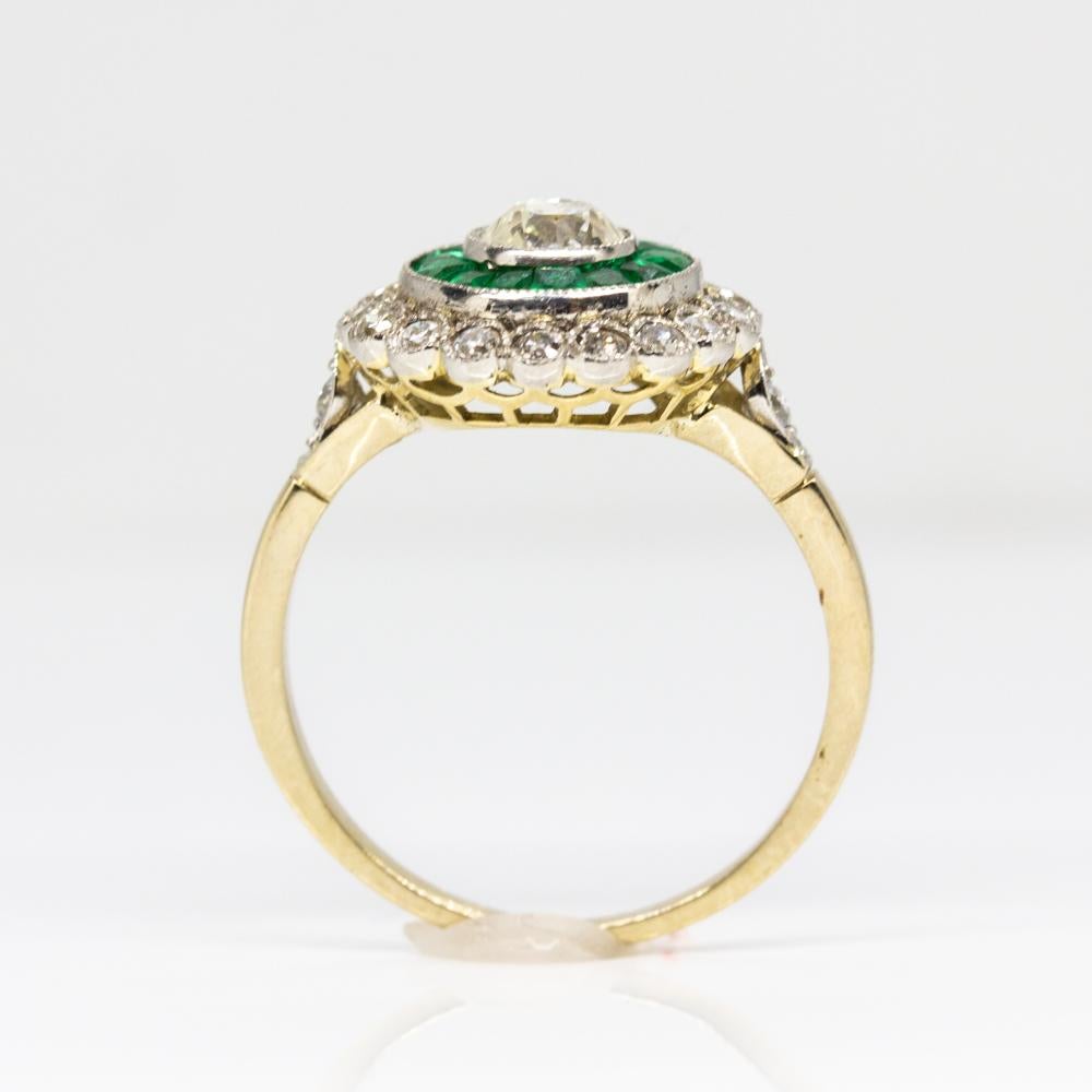 Old Mine Cut Platinum Emerald and Diamond Ring For Sale