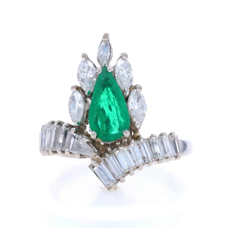 Size: 7
Sizing Fee: Up 1/2 a size for $60 or Down 1/2 a size for $60

Metal Content: 90% Platinum

Stone Information

Natural Emerald
Treatment: Oiling
Carat(s): 1.06ct
Cut: Pear
Color: Green

Natural Diamonds
Carat(s): 1.78ctw
Cut: Baguette &