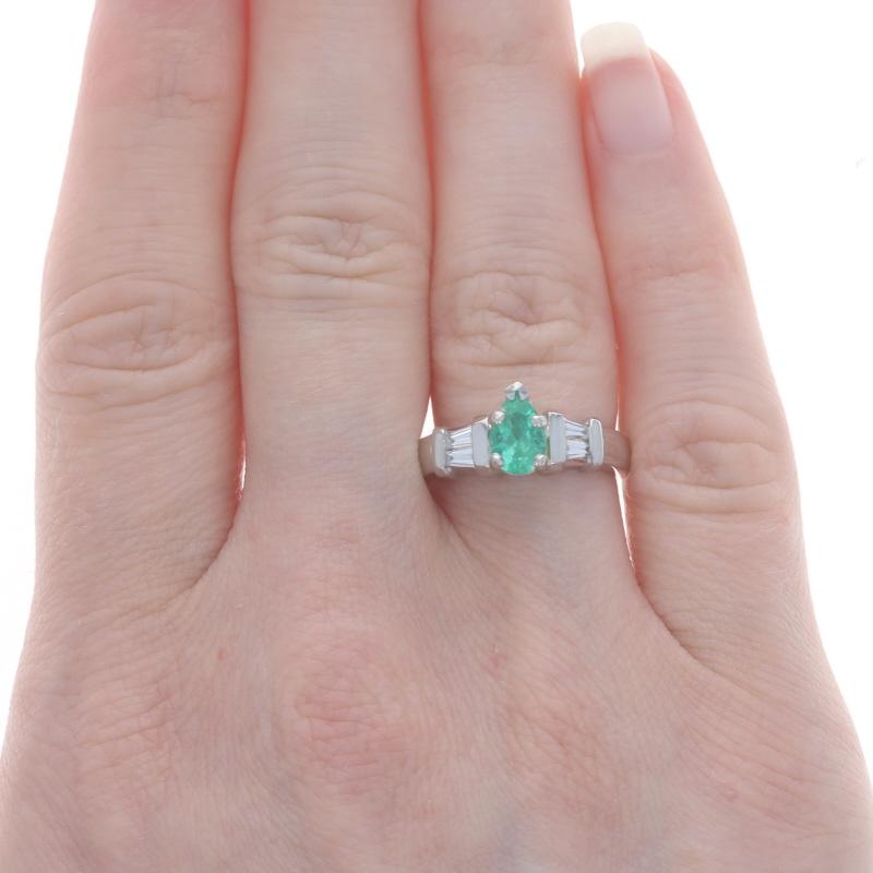 Baguette Cut Platinum Emerald & Diamond Ring - Pear Cut .75ctw For Sale