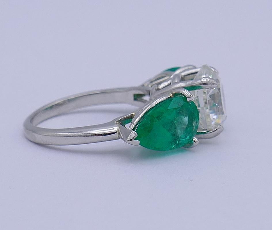 Platinum Emerald Diamond Three-Stone Ring 3.01-ct GIA Report In Excellent Condition In Beverly Hills, CA