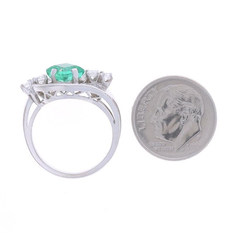 Women's Platinum Emerald & Diamond Vintage Bypass Ring - Square Step Cut 2.33ctw Halo For Sale