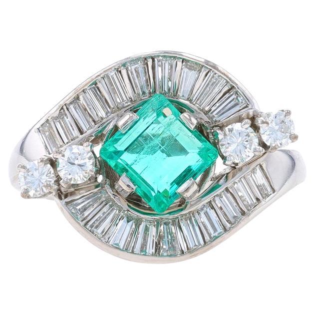 Platinum Emerald & Diamond Vintage Bypass Ring - Square Step Cut 2.33ctw Halo For Sale