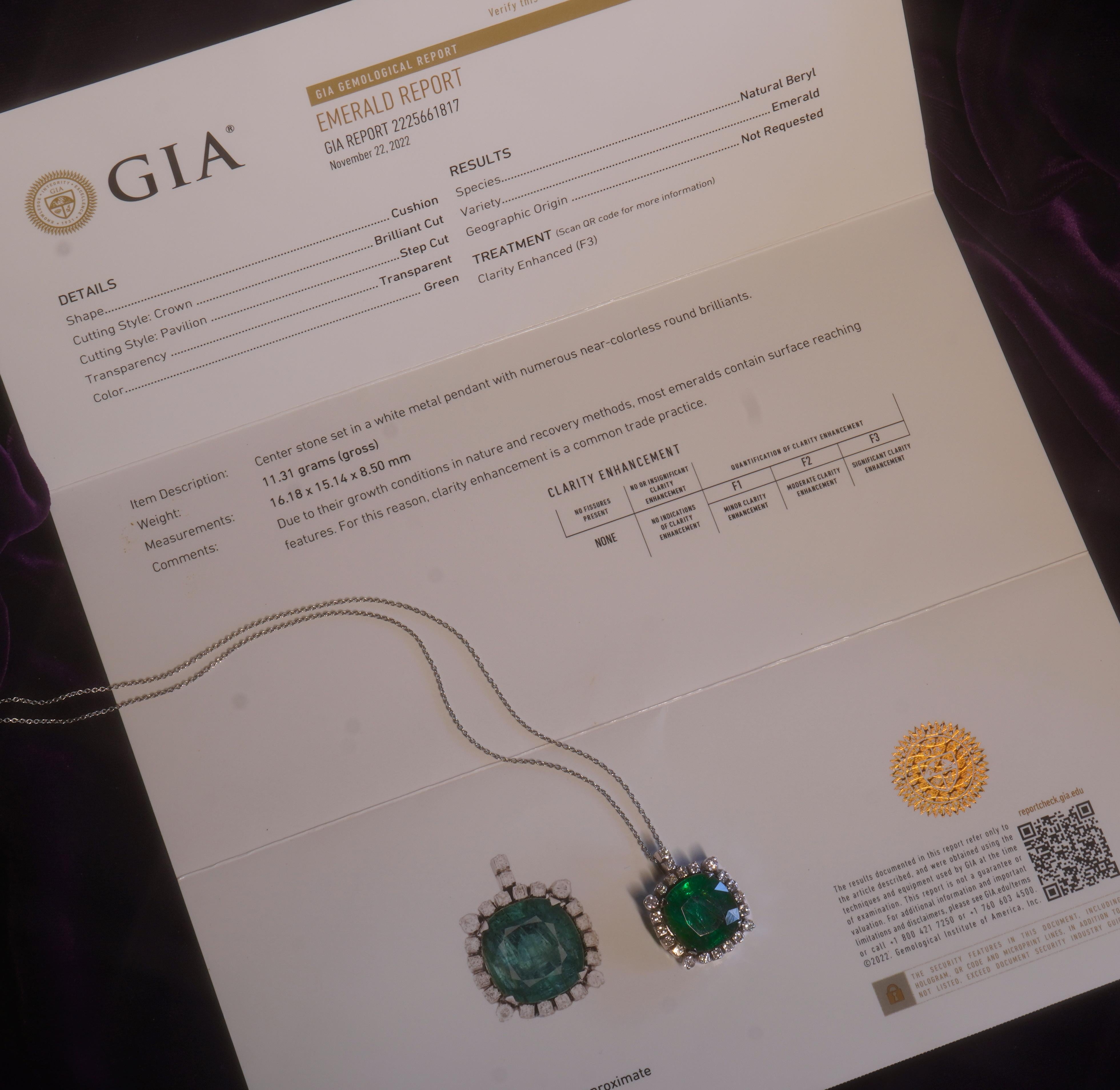 Cushion Cut Platinum Emerald Diamond Vintage Pendant GIA Necklace Chain VS Huge 15.85 Carats