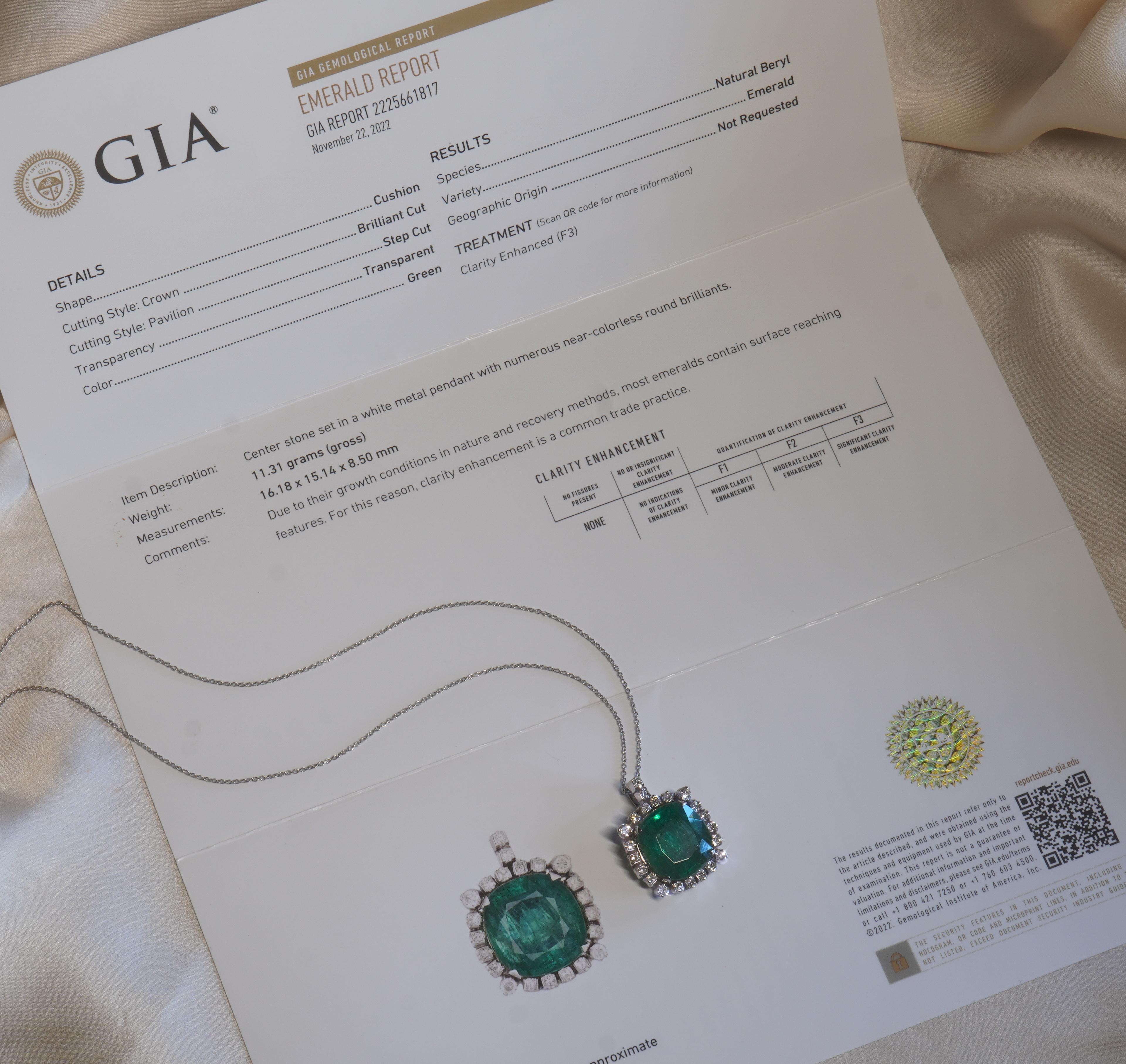 Platinum Emerald Diamond Vintage Pendant GIA Necklace Chain VS Huge 15.85 Carats 4