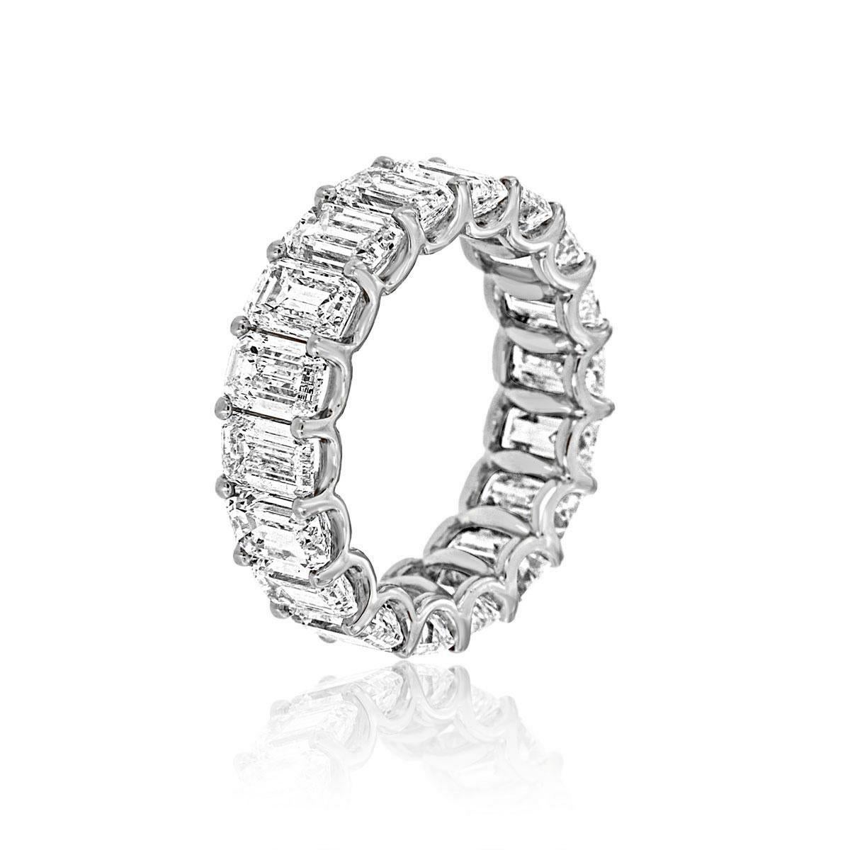 This Eternity Ring showcase perfectly matched 18 Emerald shape Natural Diamonds in a total weight of 9.50 carat set in a 