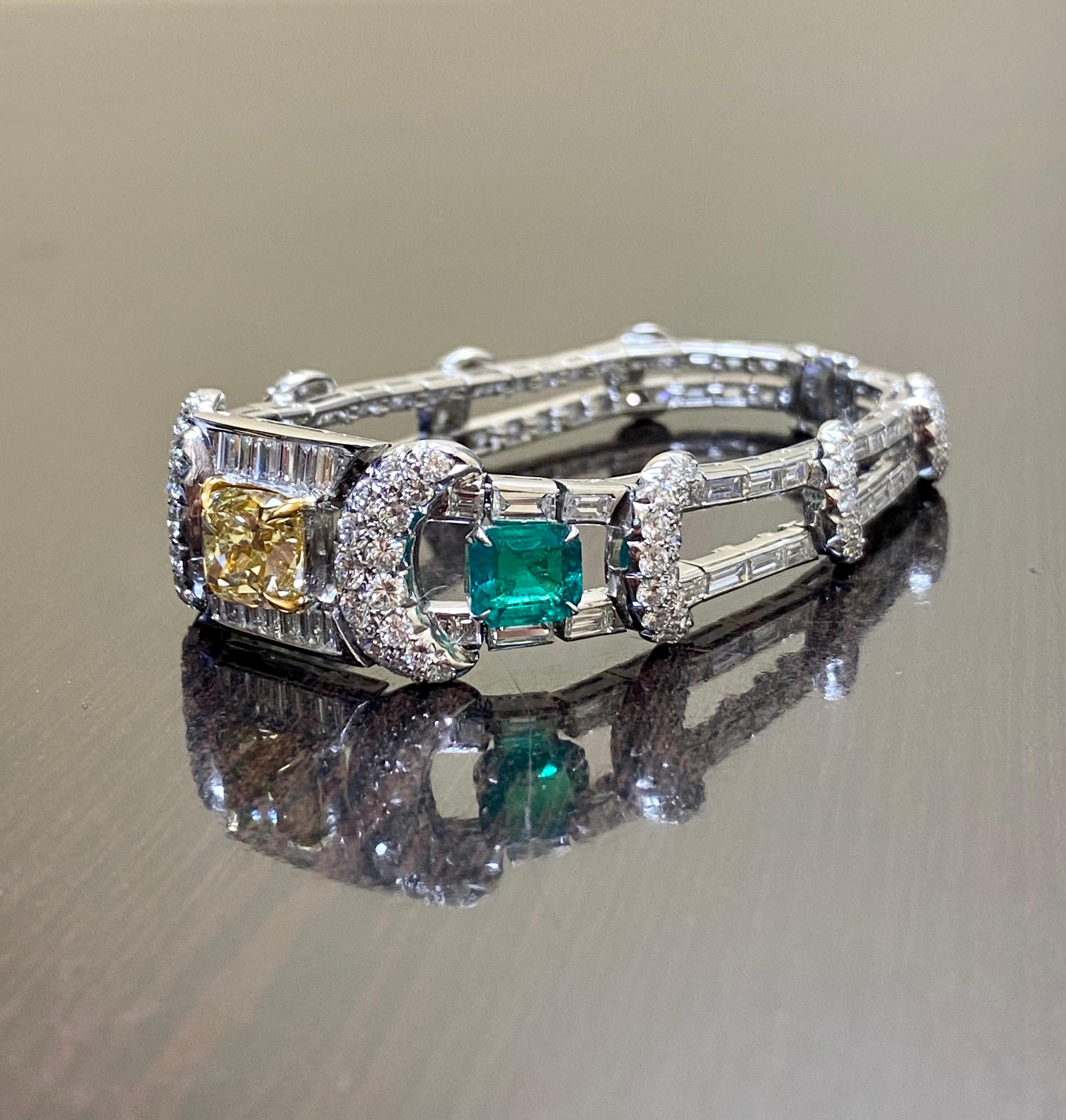 Platinum Emerald GIA Certified 3.34 Fancy Yellow Cushion Cut Diamond Bracelet For Sale 5