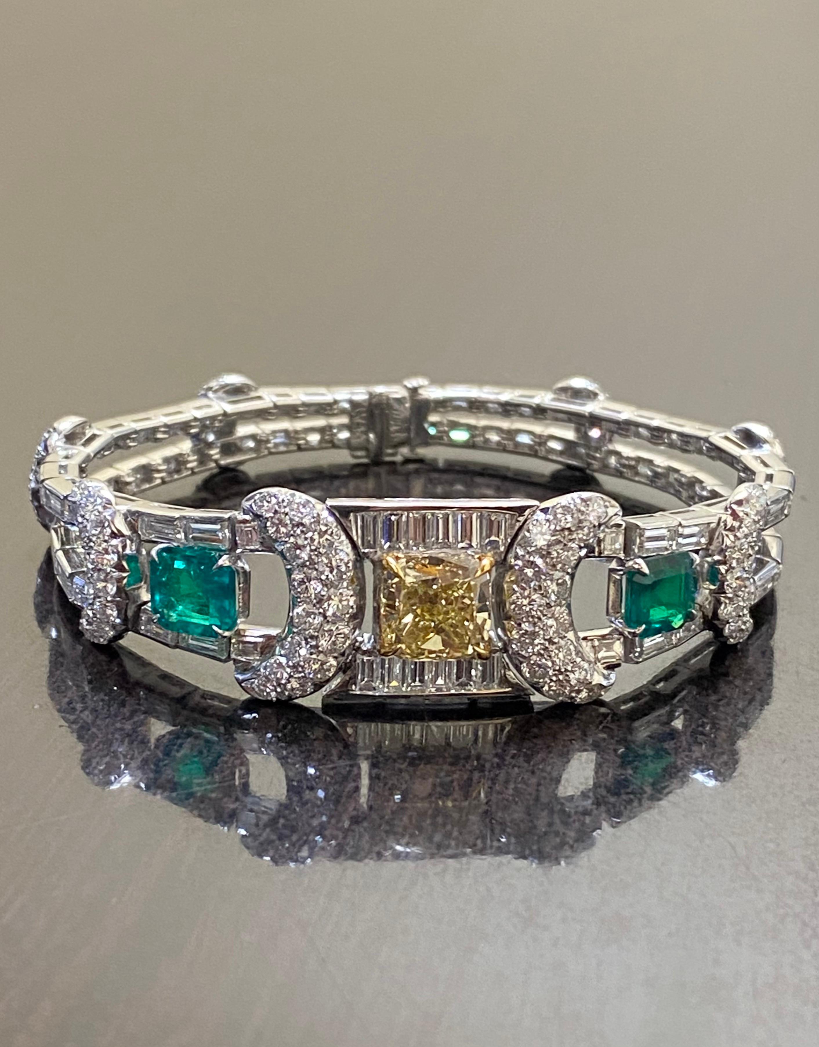 Platinum Emerald GIA Certified 3.34 Fancy Yellow Cushion Cut Diamond Bracelet For Sale 6