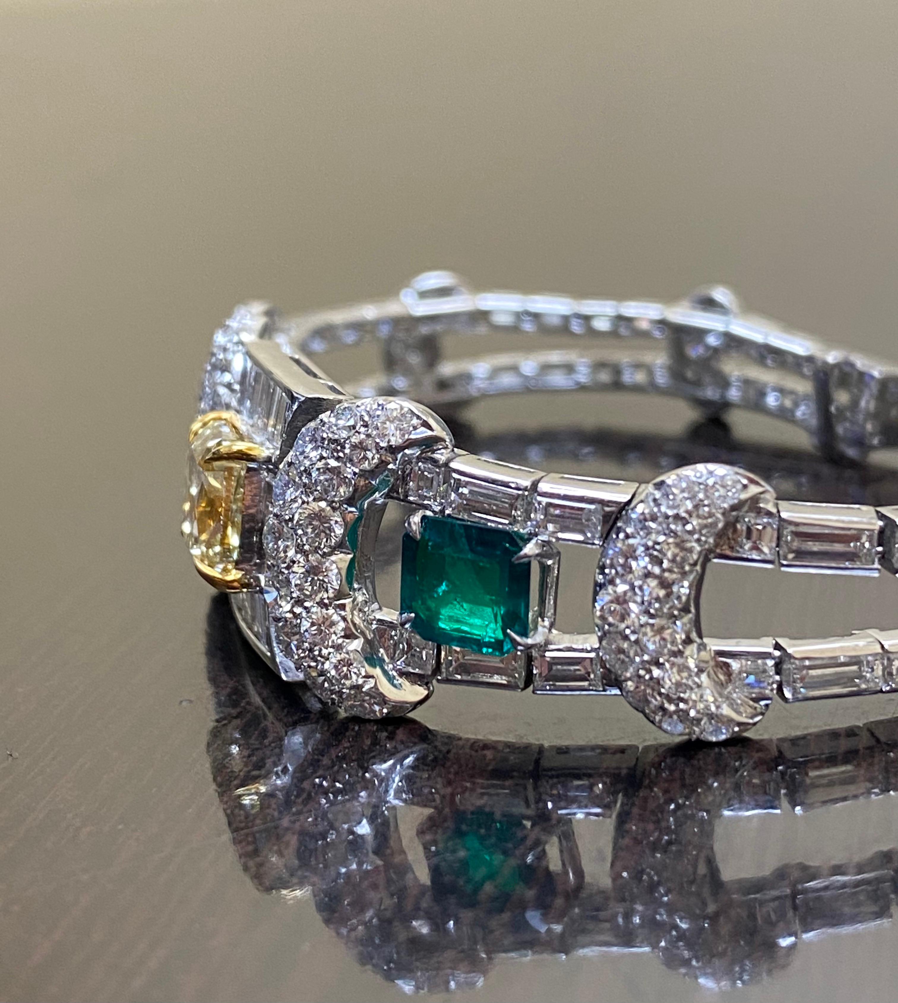 Art Deco Platinum Emerald GIA Certified 3.34 Fancy Yellow Cushion Cut Diamond Bracelet For Sale