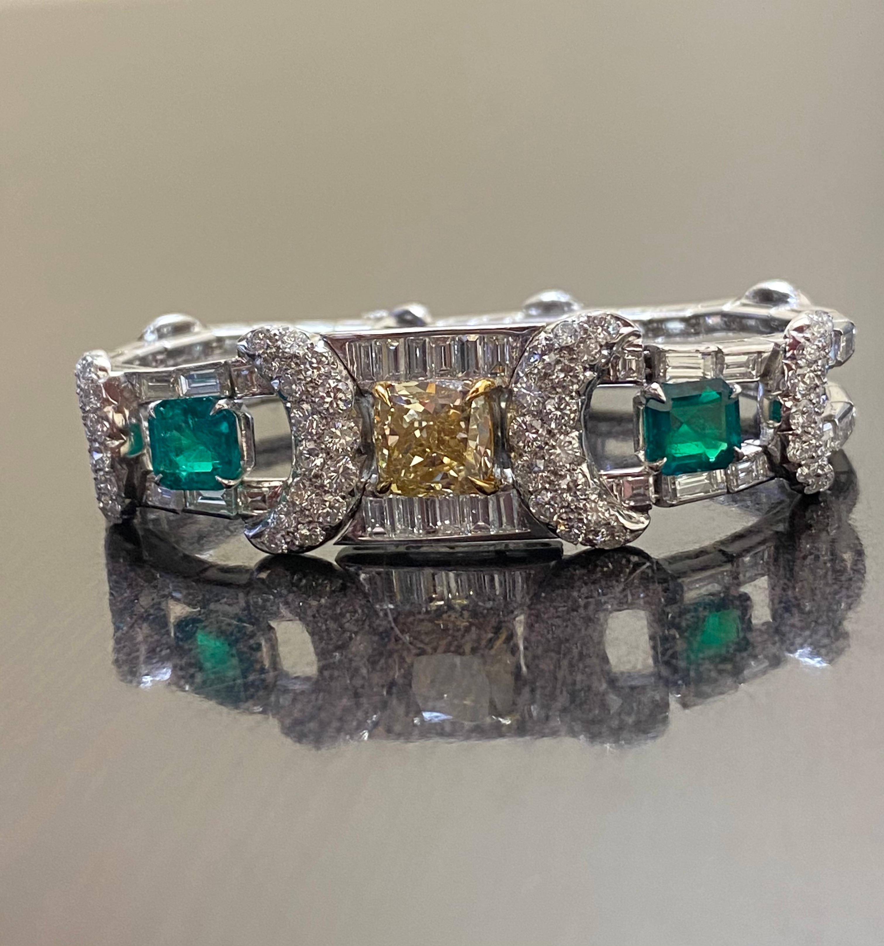 Emerald Cut Platinum Emerald GIA Certified 3.34 Fancy Yellow Cushion Cut Diamond Bracelet For Sale