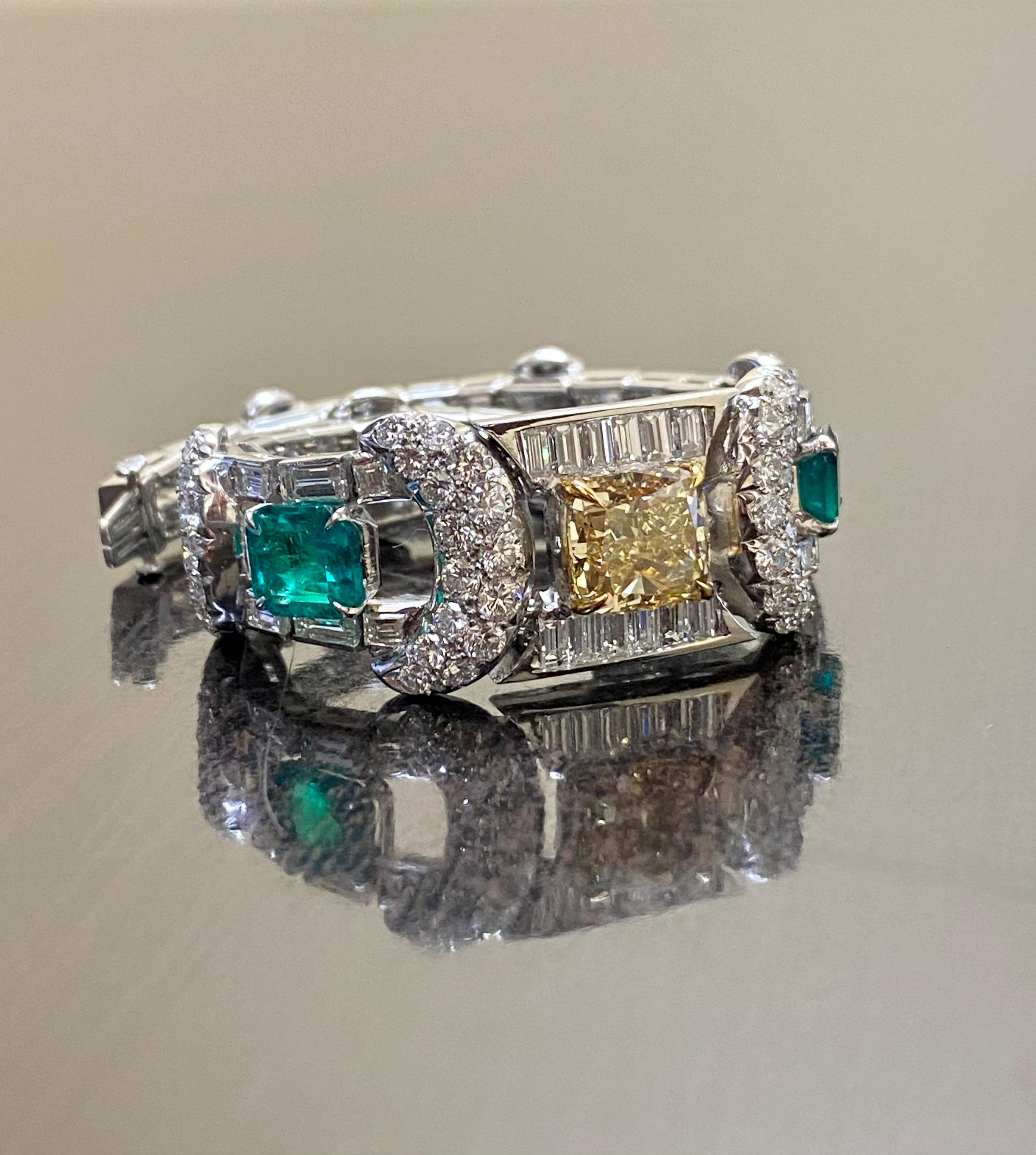 Platinum Emerald GIA Certified 3.34 Fancy Yellow Cushion Cut Diamond Bracelet In New Condition For Sale In Los Angeles, CA