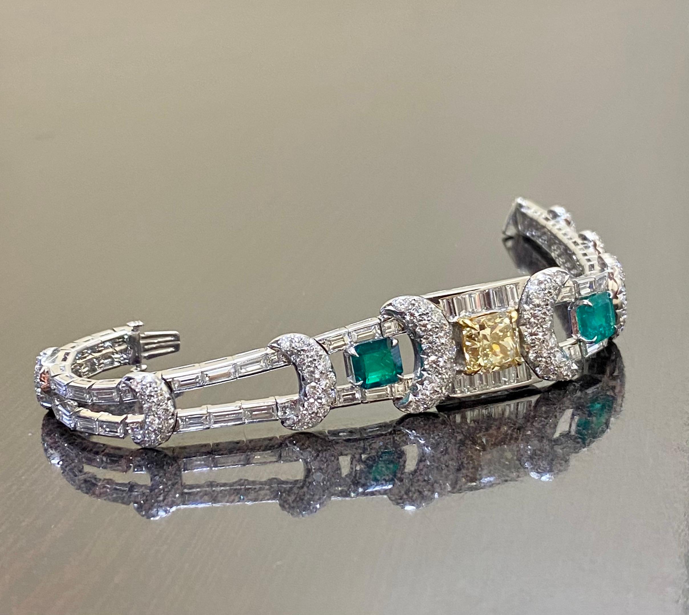 Platinum Emerald GIA Certified 3.34 Fancy Yellow Cushion Cut Diamond Bracelet For Sale 1