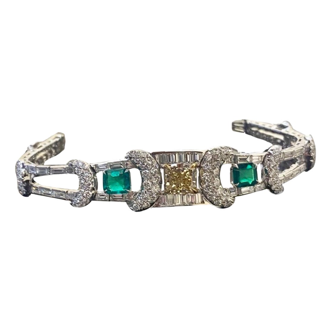 Pulsera de platino y esmeralda con certificado GIA de 3,34 diamantes talla cojín amarillo fantasía