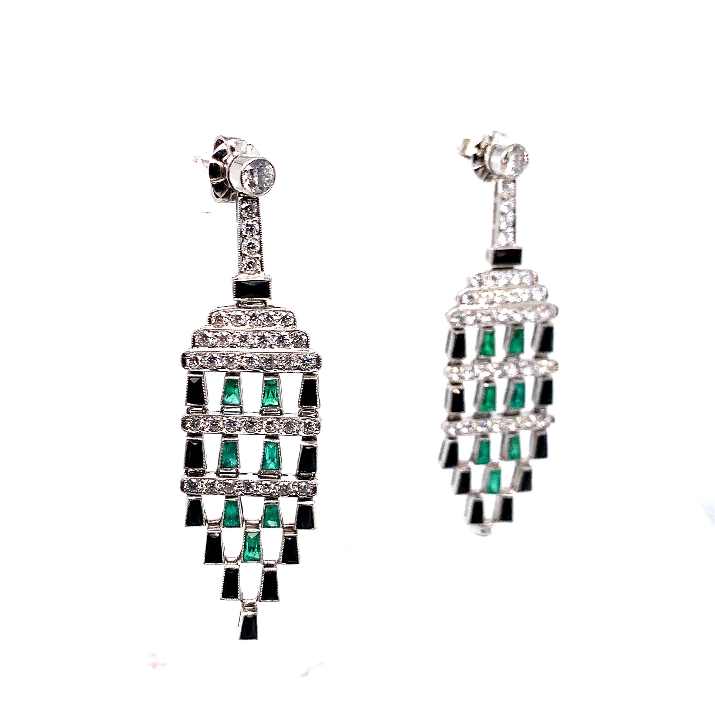 Art Deco Platinum Emerald Onyx and Diamond Earrings For Sale