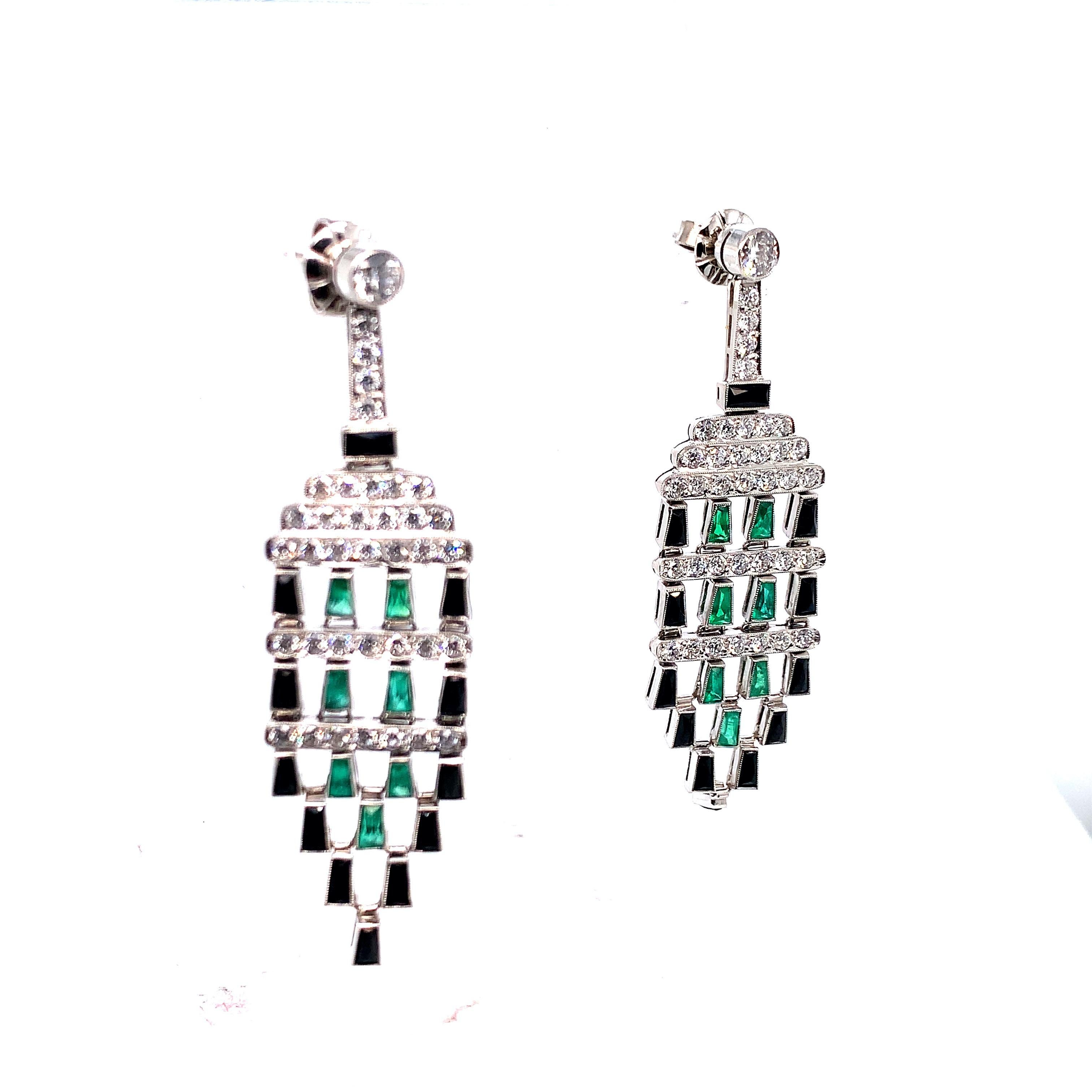 Old Mine Cut Platinum Emerald Onyx and Diamond Earrings For Sale