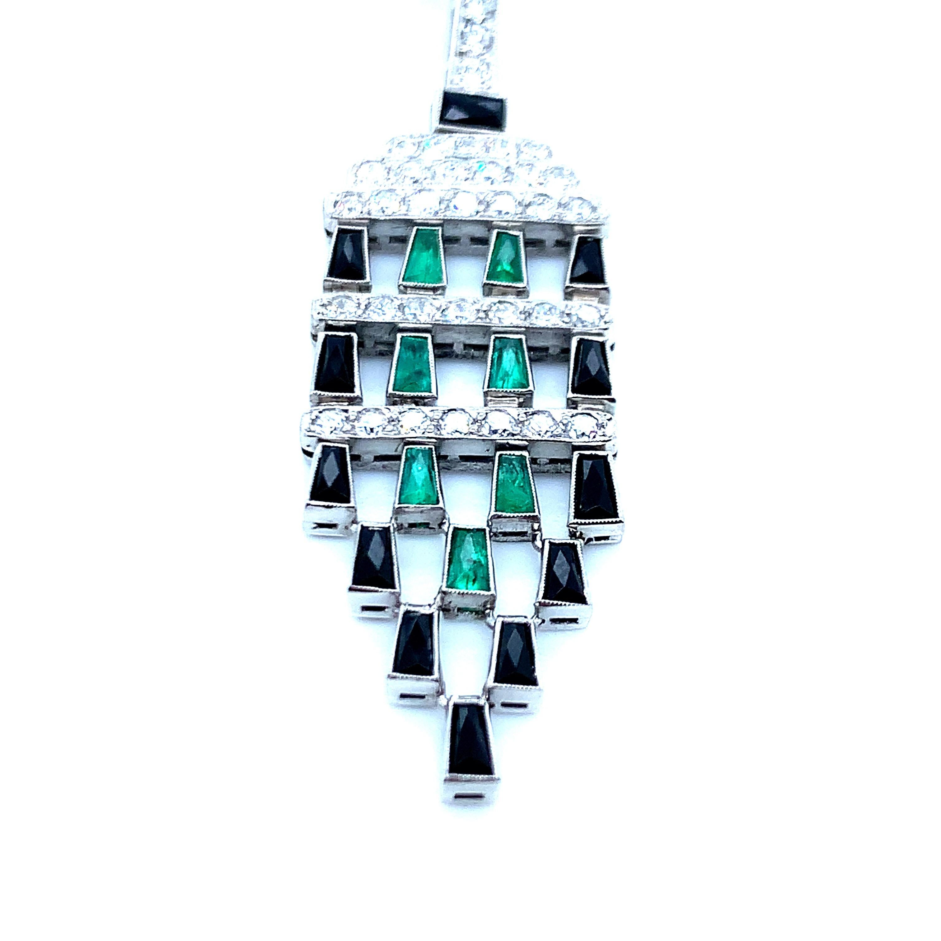 Platinum Emerald Onyx and Diamond Earrings For Sale 2