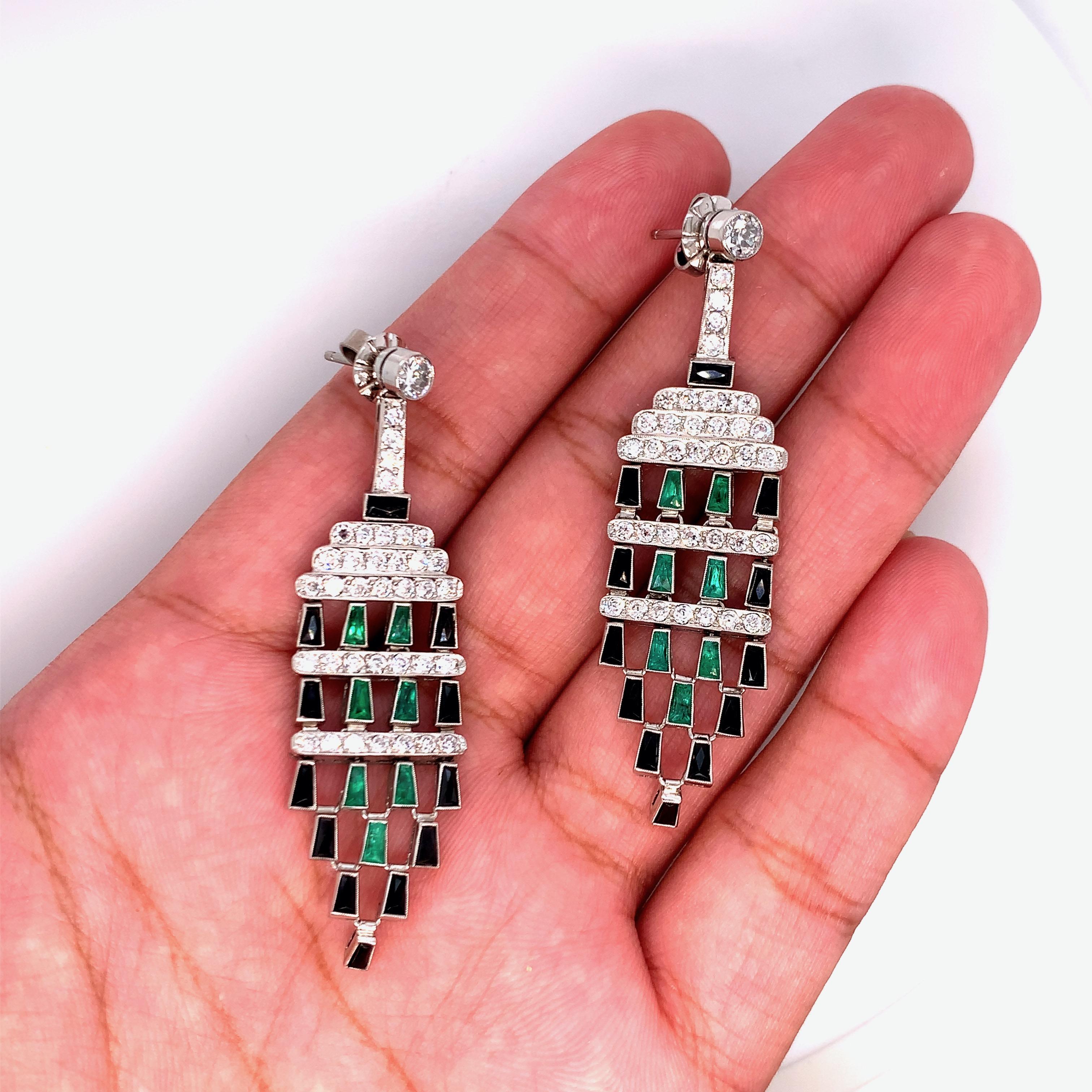 Platinum Emerald Onyx and Diamond Earrings For Sale 3