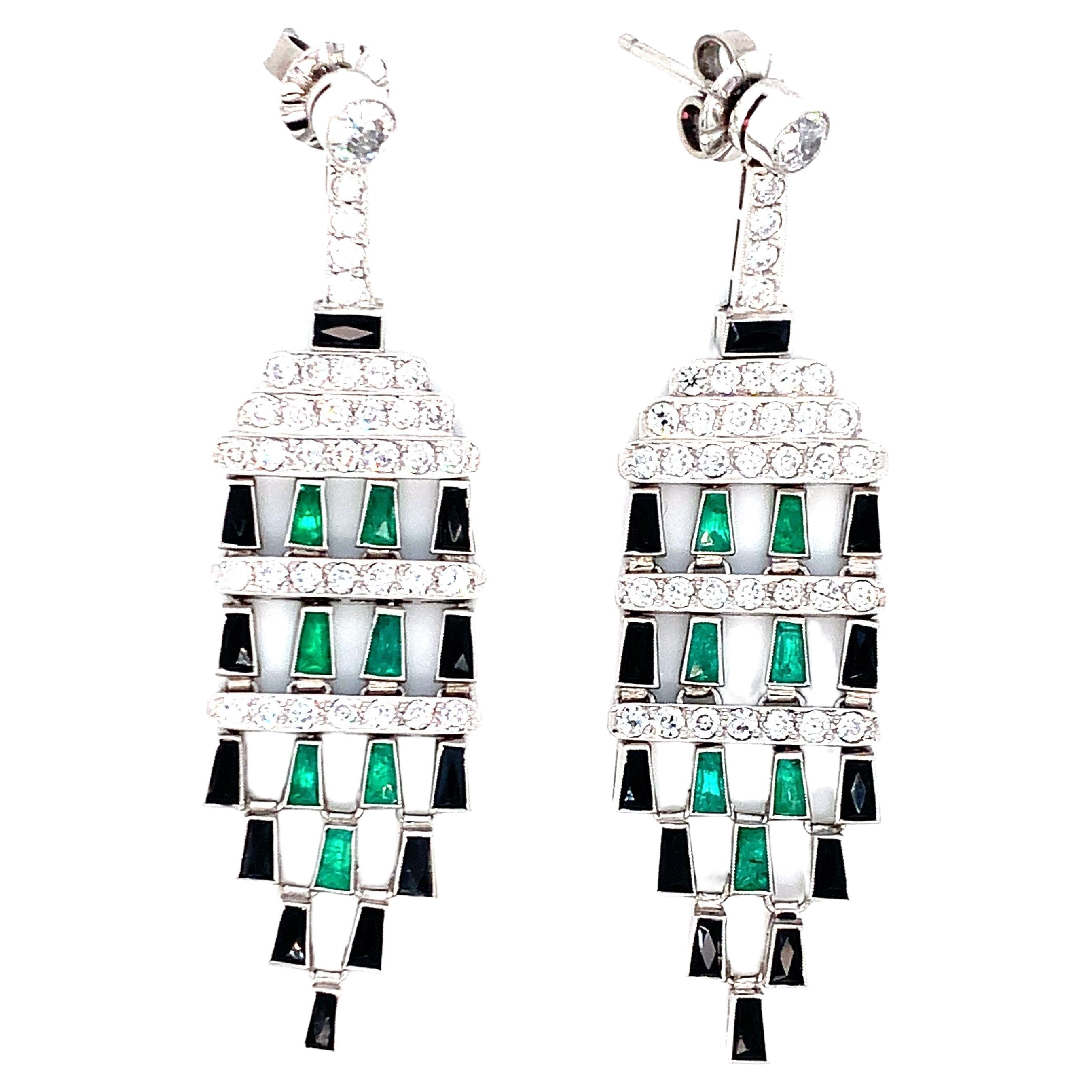 Platinum Emerald Onyx and Diamond Earrings For Sale
