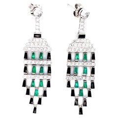Platinum Emerald Onyx and Diamond Earrings
