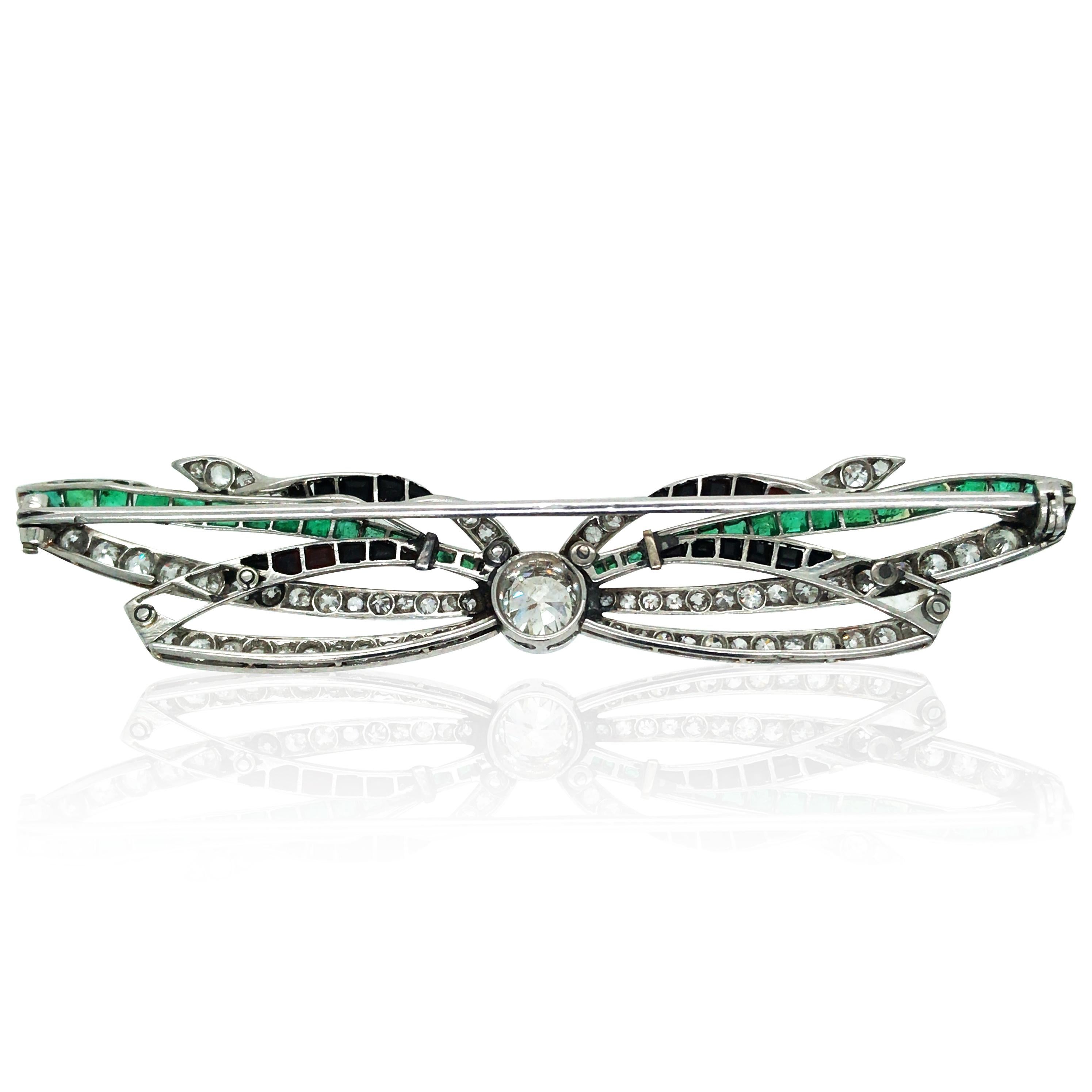 Round Cut Platinum Emerald Onyx Diamond Brooch For Sale