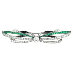 Platinum Emerald Onyx Diamond Brooch