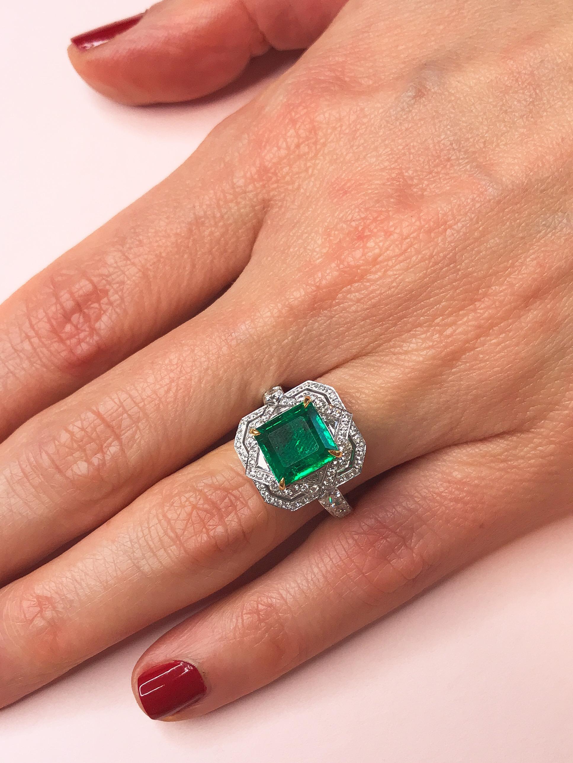 The resplendent green emerald at the heart of this Art Deco-inspired ring is an impressive stone, specially selected from the Haruni vault. Its deep, rich colour is offset by the gleaming white of the small diamonds in the ring’s double halo