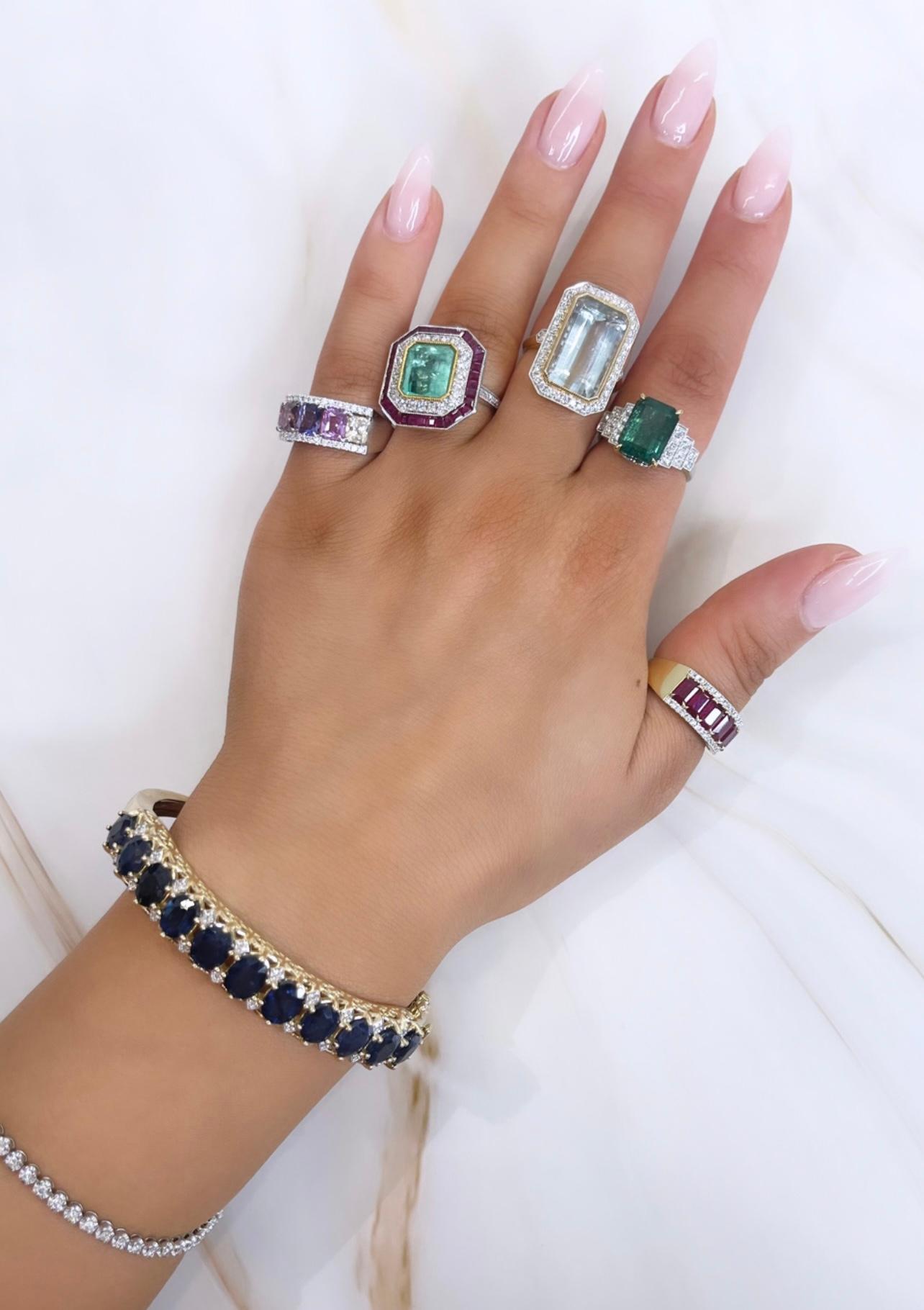 Platinum, Emerald, Ruby and Diamond Cocktail Ring In New Condition For Sale In Sydney, NSW