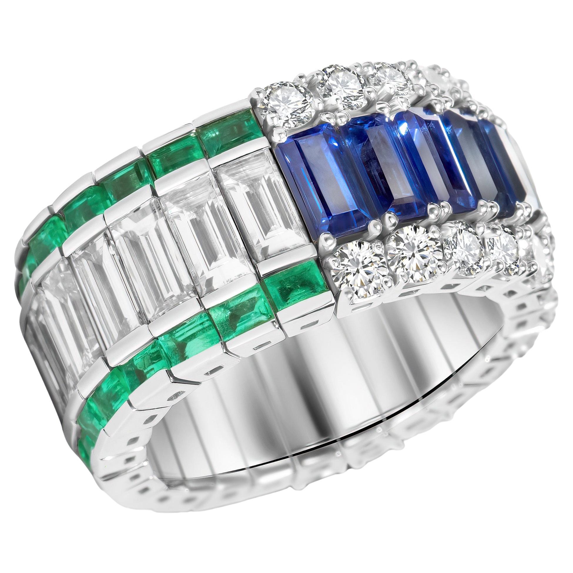 8.4 Carats Platinum Emerald, Sapphire and Diamond Flexible Ring For Sale
