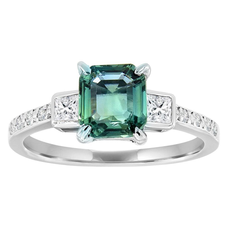 Platinum Emerald Shape Teal Sapphire and Diamond Ring 'Center-1.37 Carat' For Sale