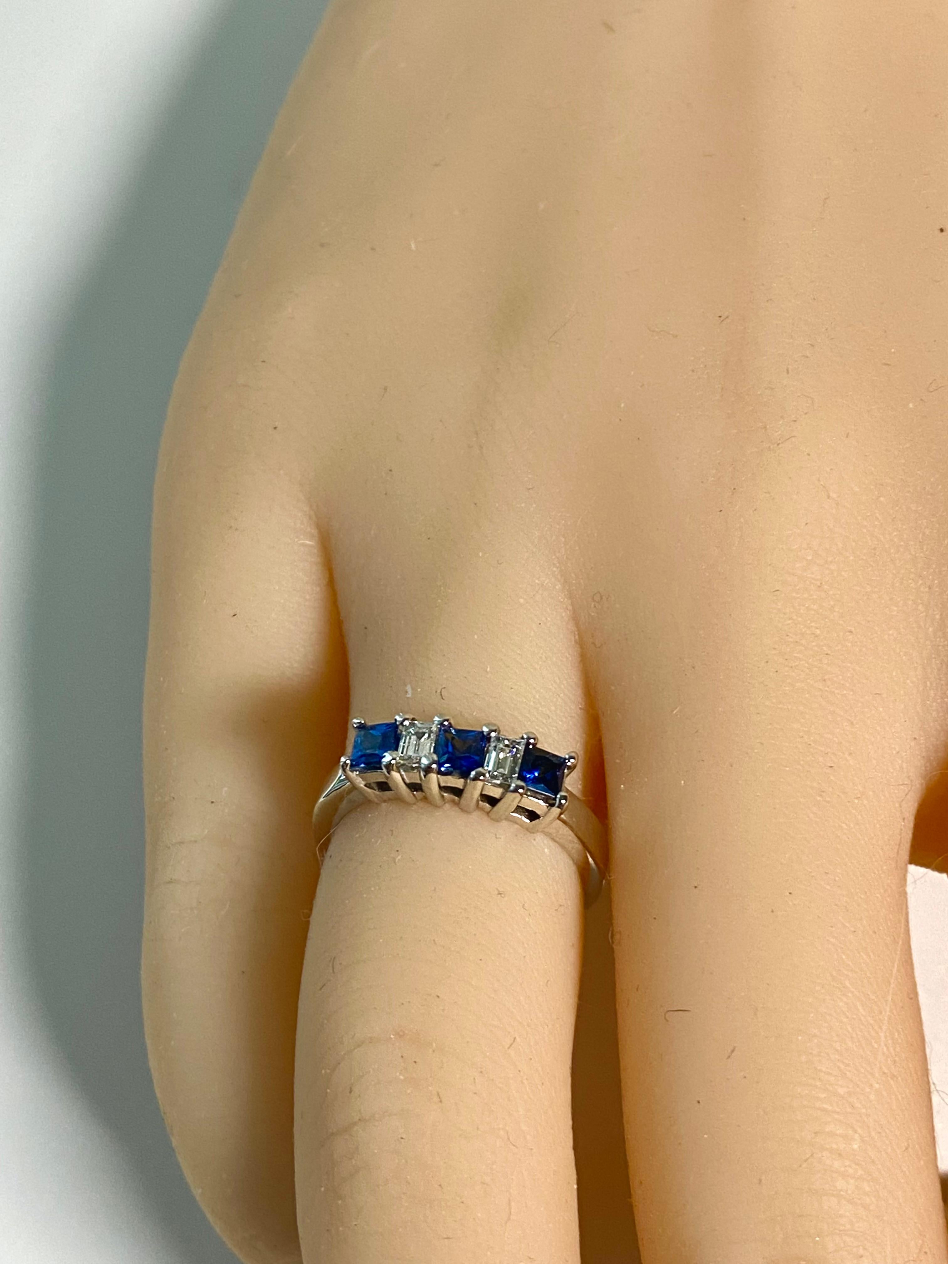 Contemporary Platinum Emerald Shaped Diamond Princess Shaped Sapphire 1.10 Carat Ring For Sale