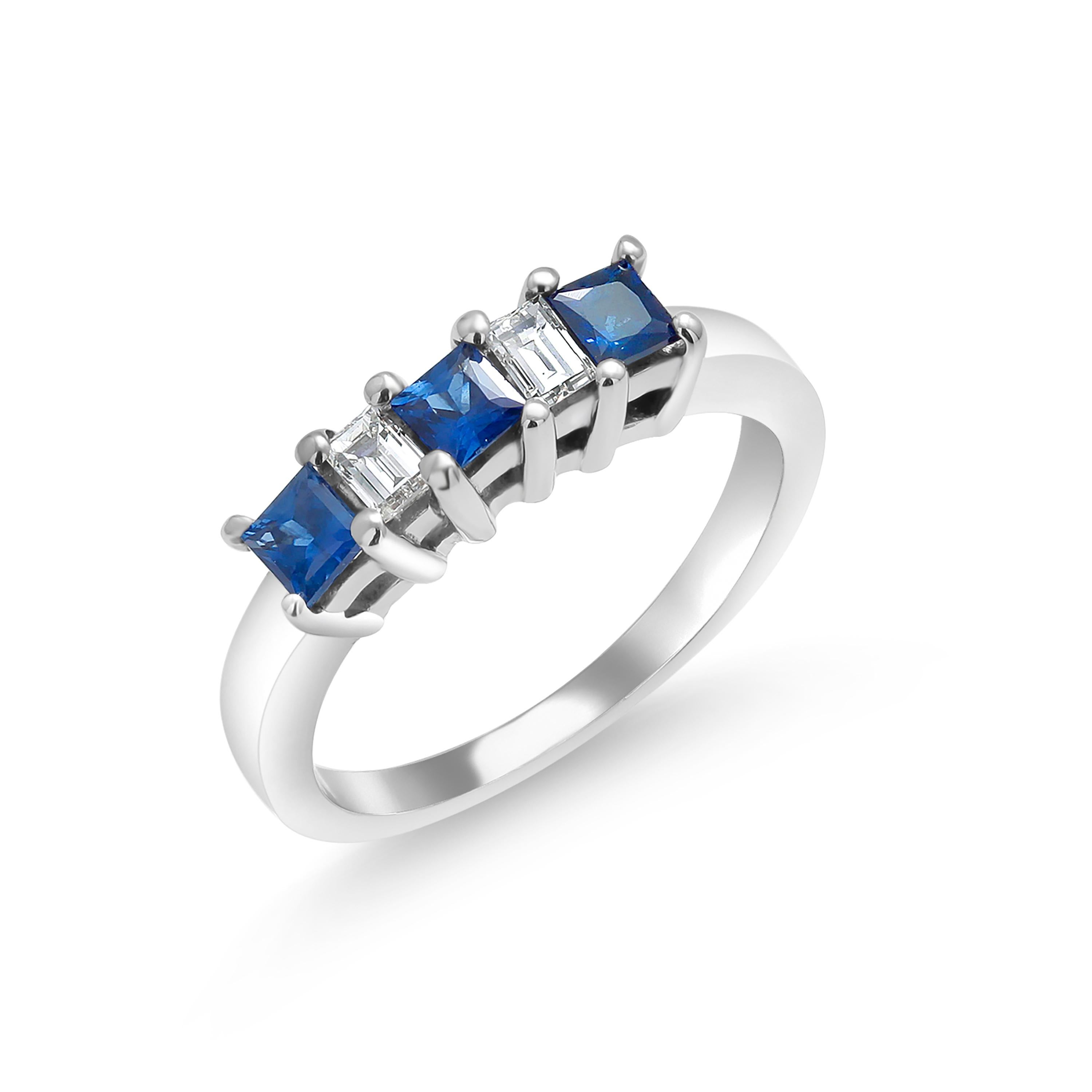 Platinum Emerald Shaped Diamond Princess Shaped Sapphire 1.10 Carat Ring For Sale 1