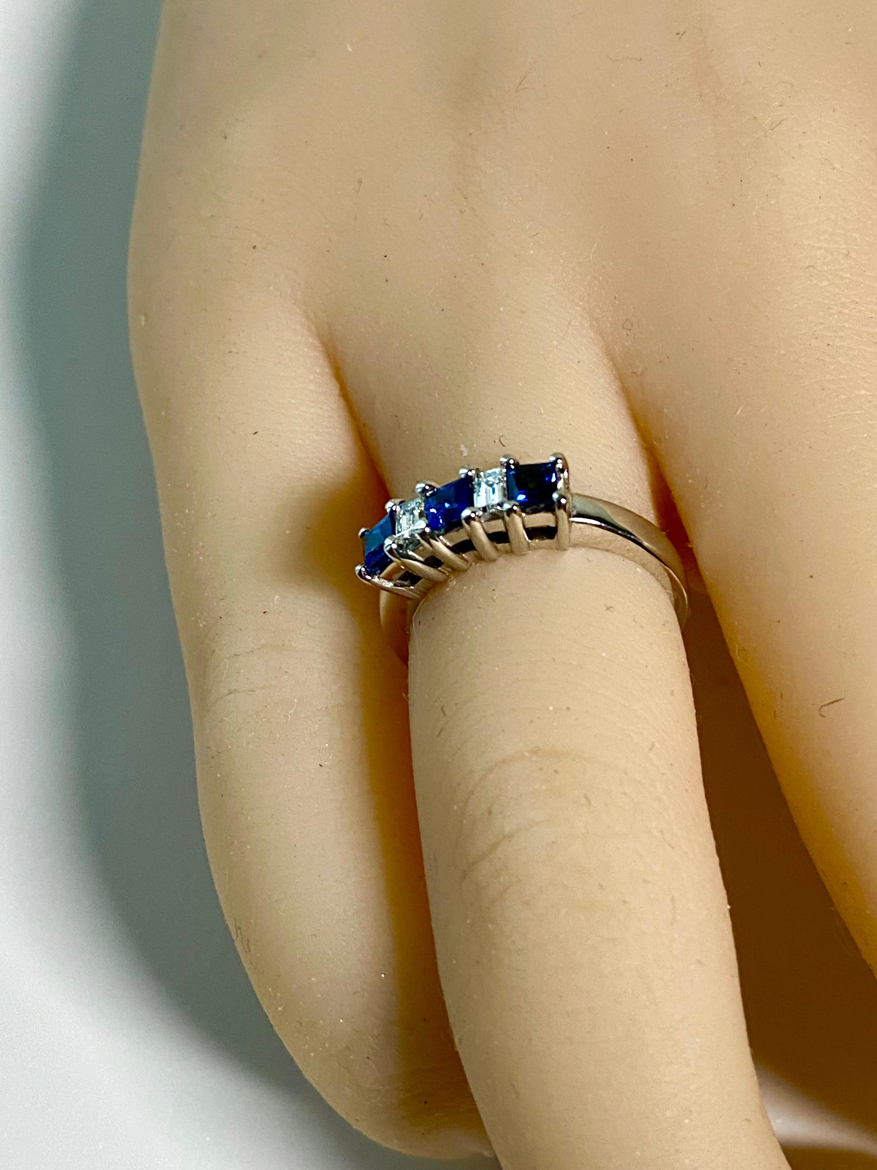 Platinum Emerald Shaped Diamond Princess Shaped Sapphire 1.10 Carat Ring For Sale 2