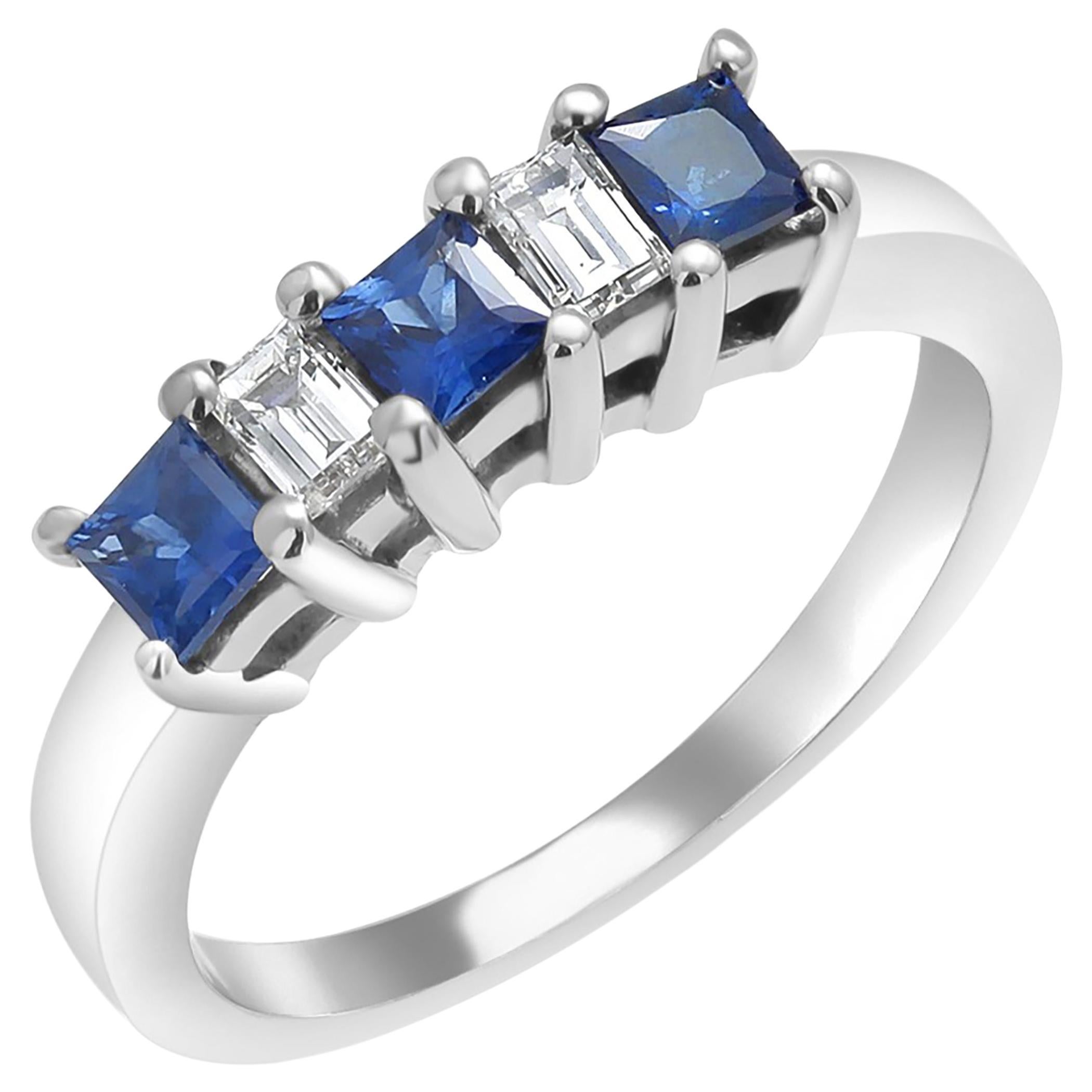 Platinum Emerald Shaped Diamond Princess Shaped Sapphire 1.10 Carat Ring For Sale