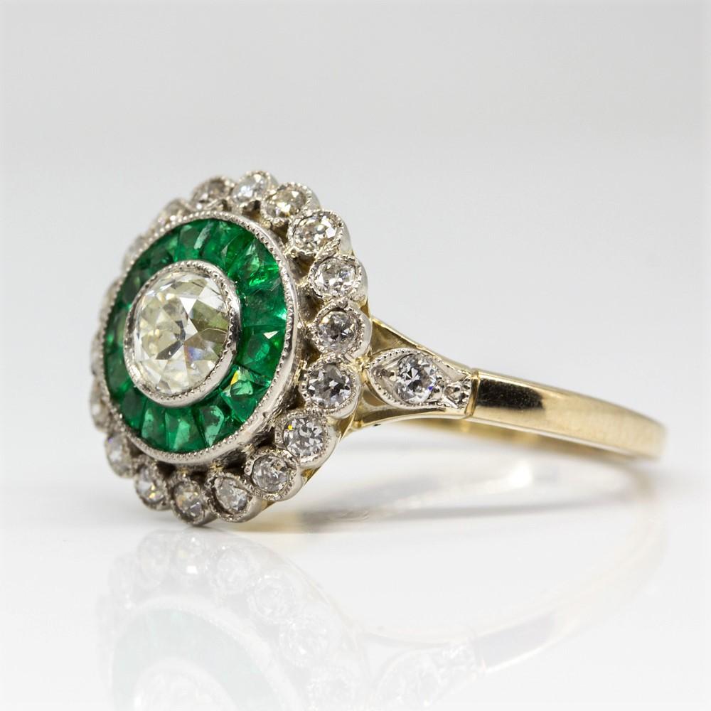 Old Mine Cut Platinum Emeralds and Diamonds Ring For Sale