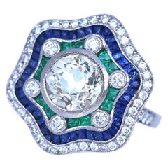 Platinum Emeralds Sapphires Diamond Ring 2.49 Carat Certified, 1920