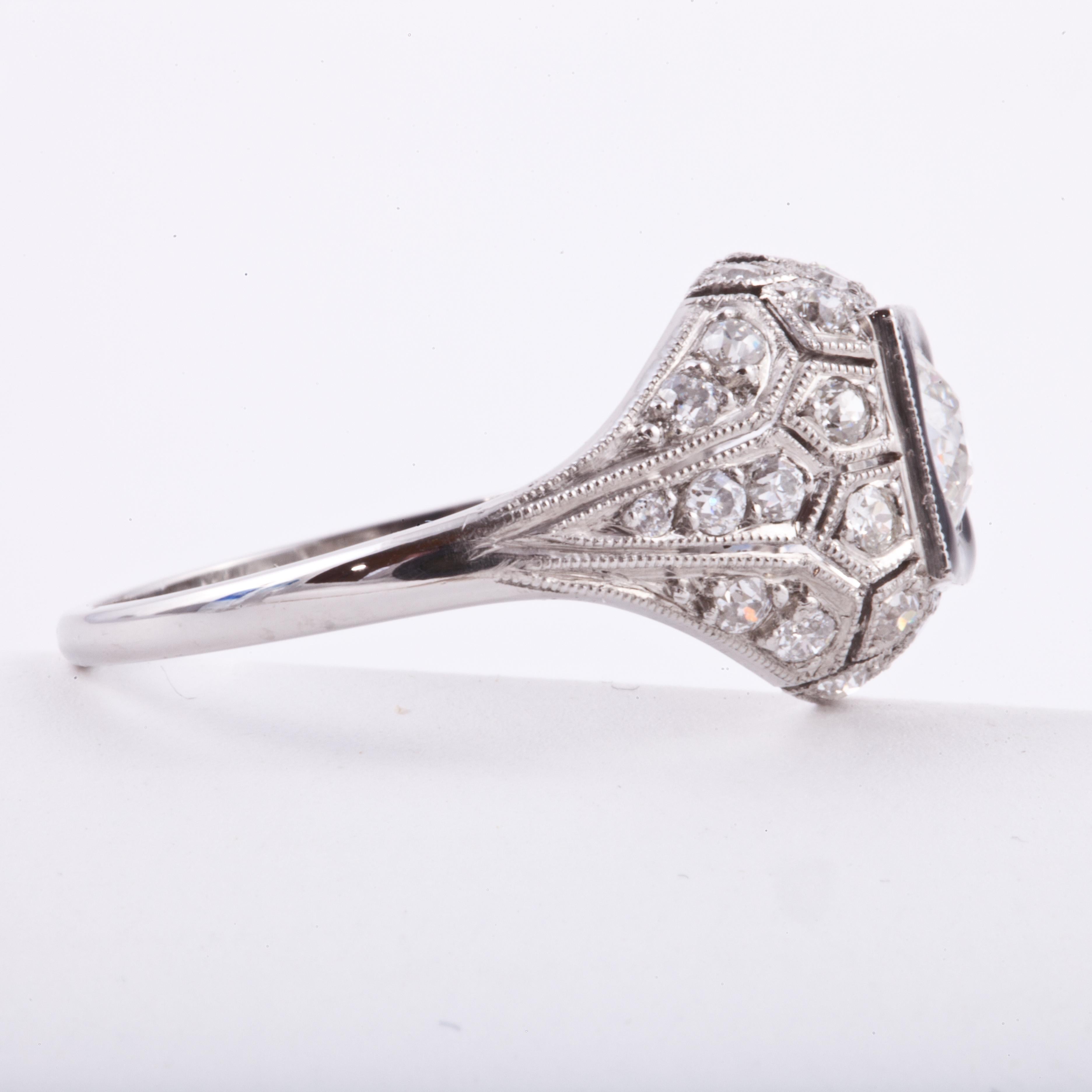 Black Enamel Old European Cut Diamond Ring in Platinum For Sale 1