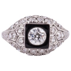 Black Enamel Old European Cut Diamond Ring in Platinum