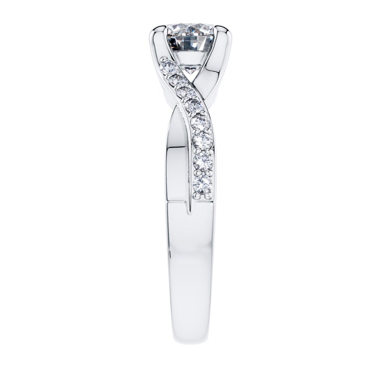 Cushion Cut Platinum Engagement 0.68 Carat Round Diamond Bespoke Twisted Love 4 Prong Ring For Sale