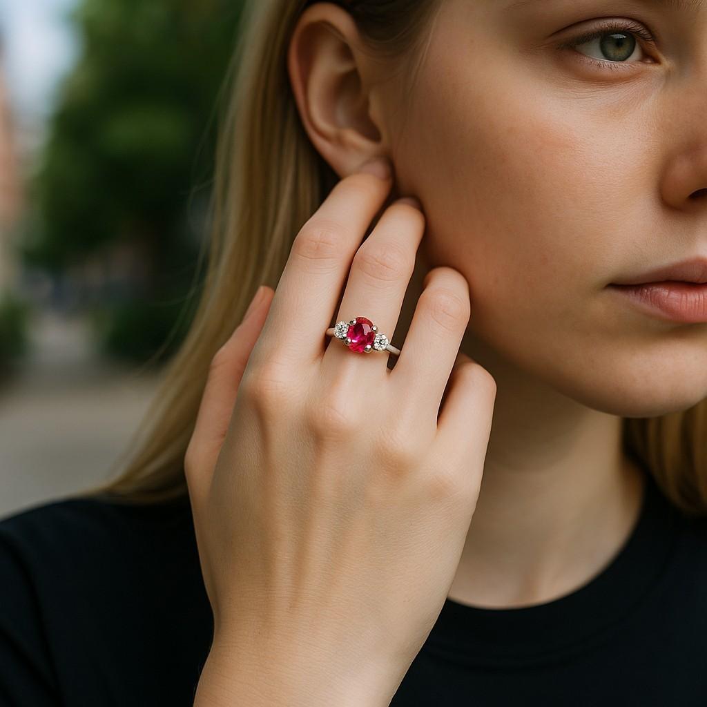 Dieser exquisite Verlobungsring zeigt einen atemberaubenden, GIA-zertifizierten ovalen Rubin von 1,01 Karat, gefasst in luxuriösem Platin. Der Rubin in der Mitte, ohne Anzeichen von Erhitzung, wird von zwei seitlichen Brillanten mit einem