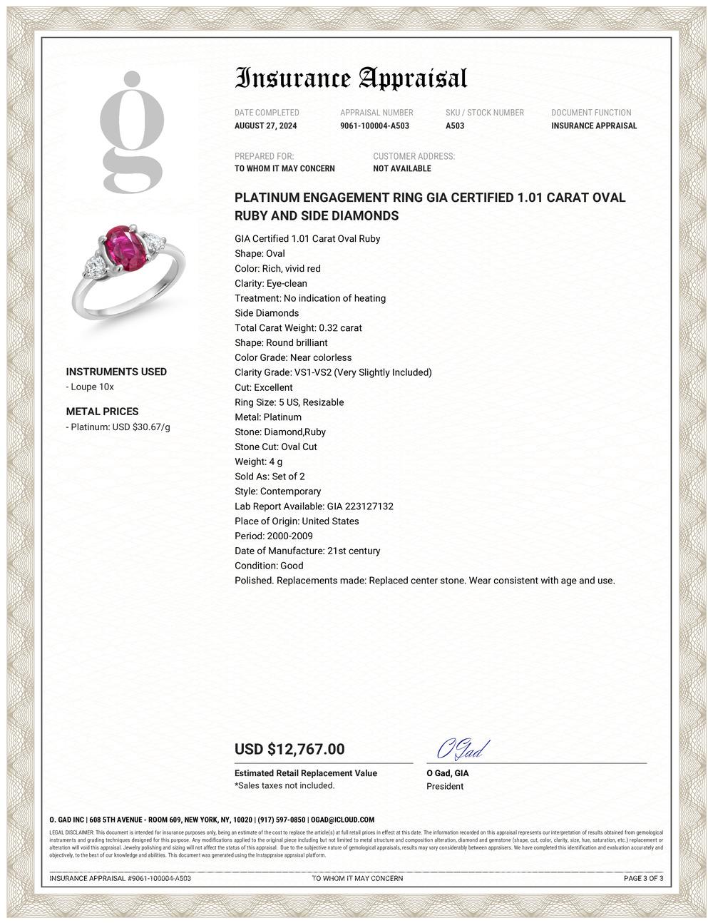 Verlobungsring aus Platin mit GIA-zertifiziertem 1,01 Karat ovalem Rubin und seitlichen Diamanten (Ovalschliff) im Angebot
