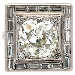 Platinum Engagement Ring with 3.9ct Old Miner Cut & Baguette Diamonds Size 4.5