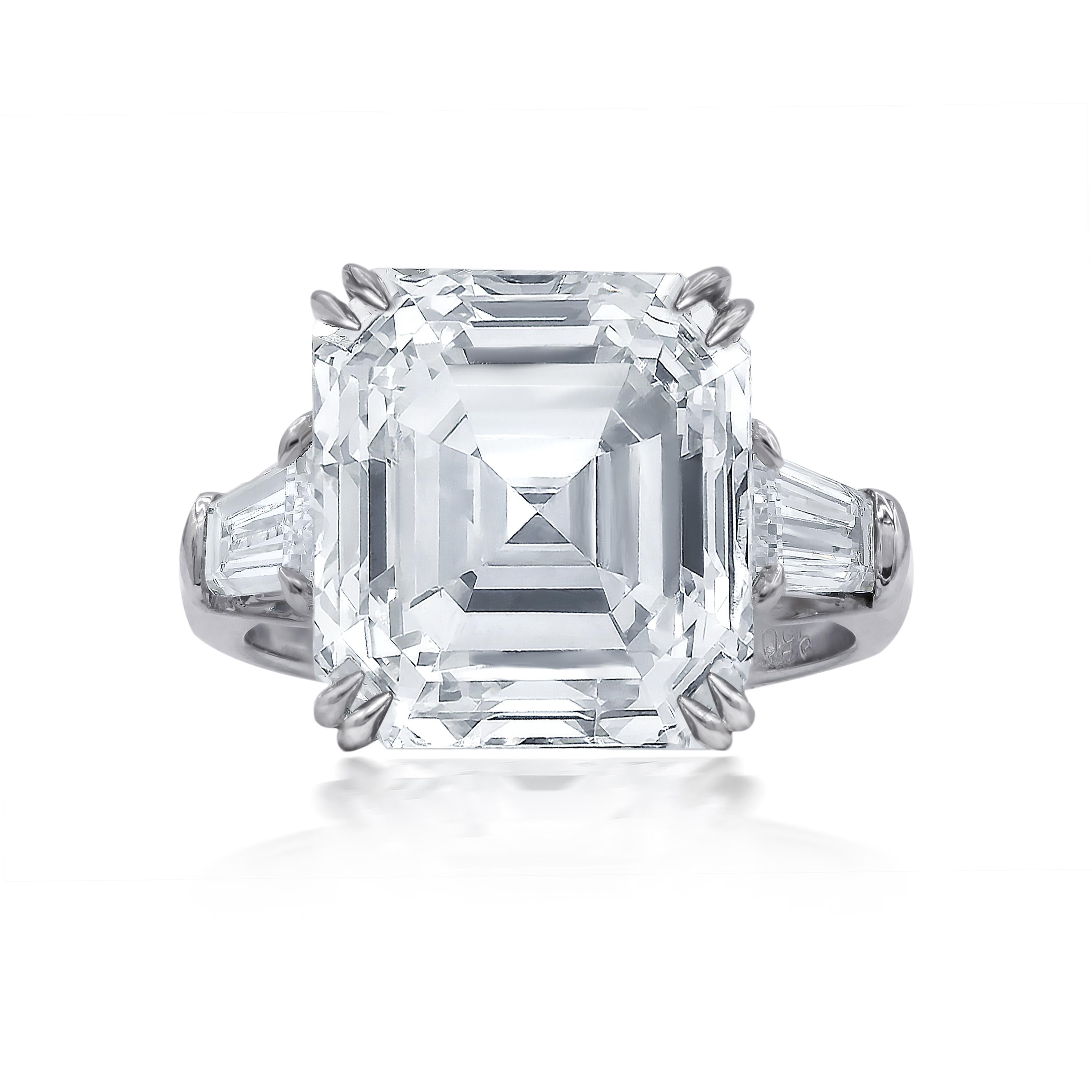 Platinum asscher cut diamond engagement ring with center asscher diamond 9.20ct j-vs2 (emc491) set in platinum with two tapered baguettes weighing 1.09cts
