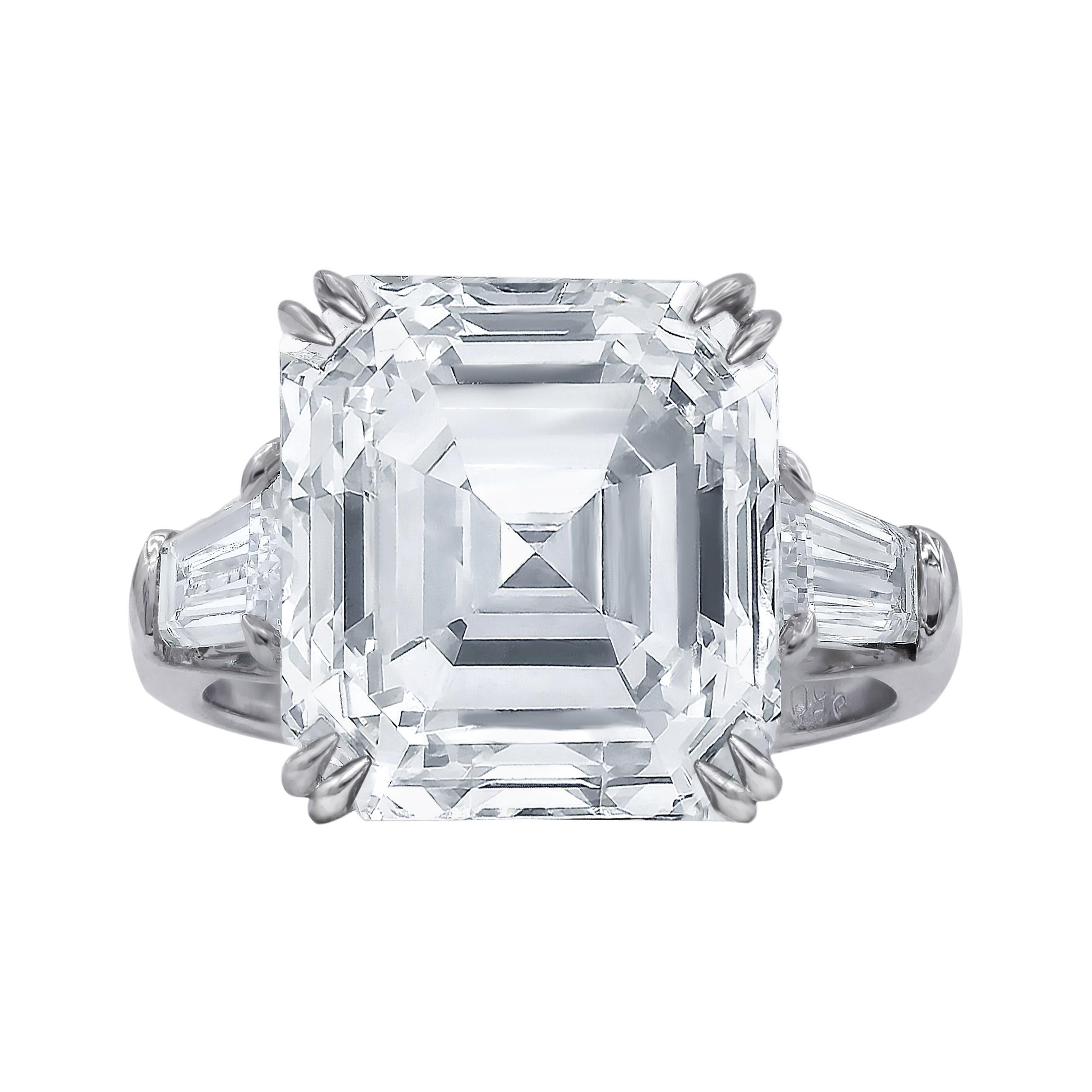 Platinum Engagement Ring with Center Asscher Cut & Tapered Baguettes Diamonds For Sale