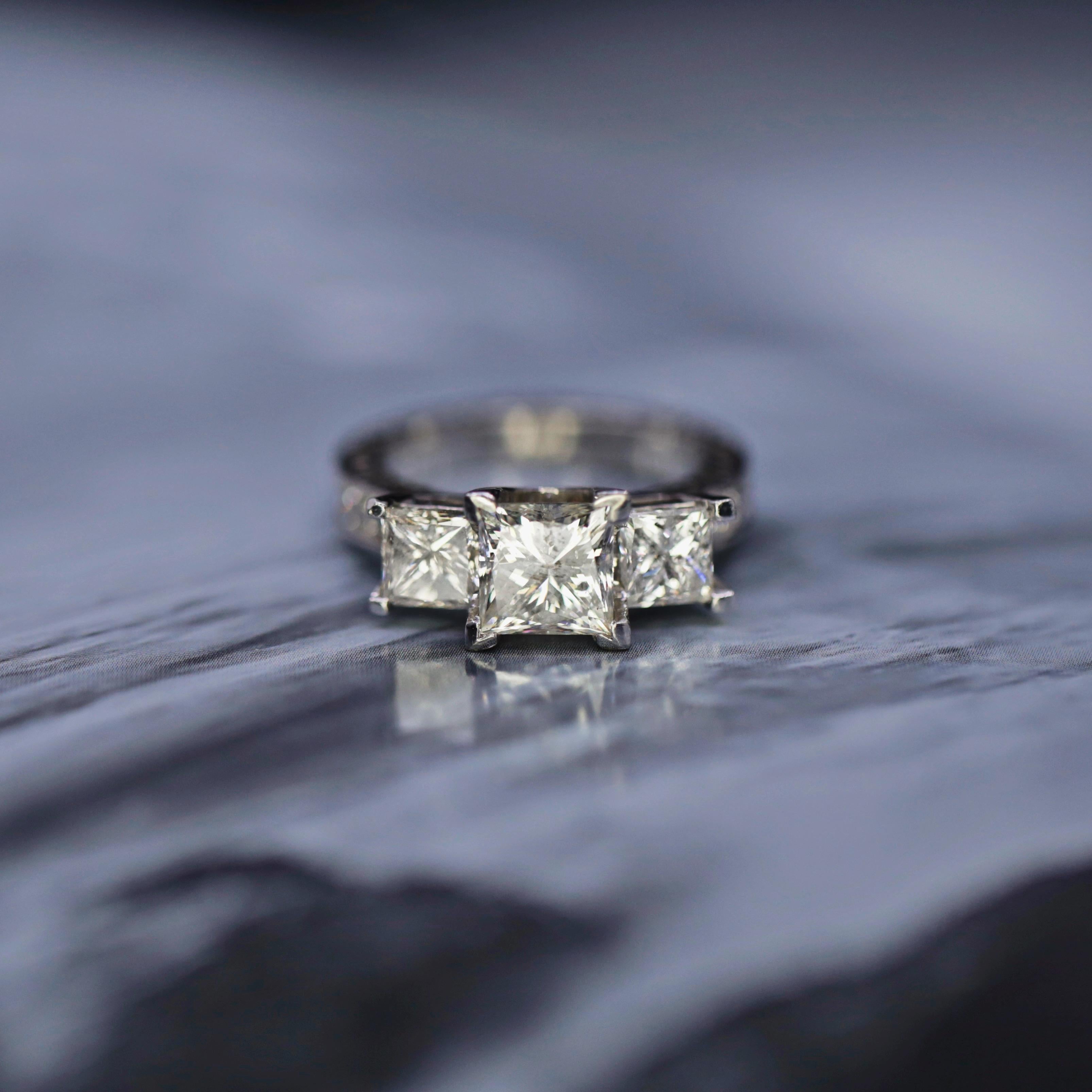 For Sale:  Platinum Engagement Ring with Center Diamond 2.12ct Princess Cut with Antique De 2