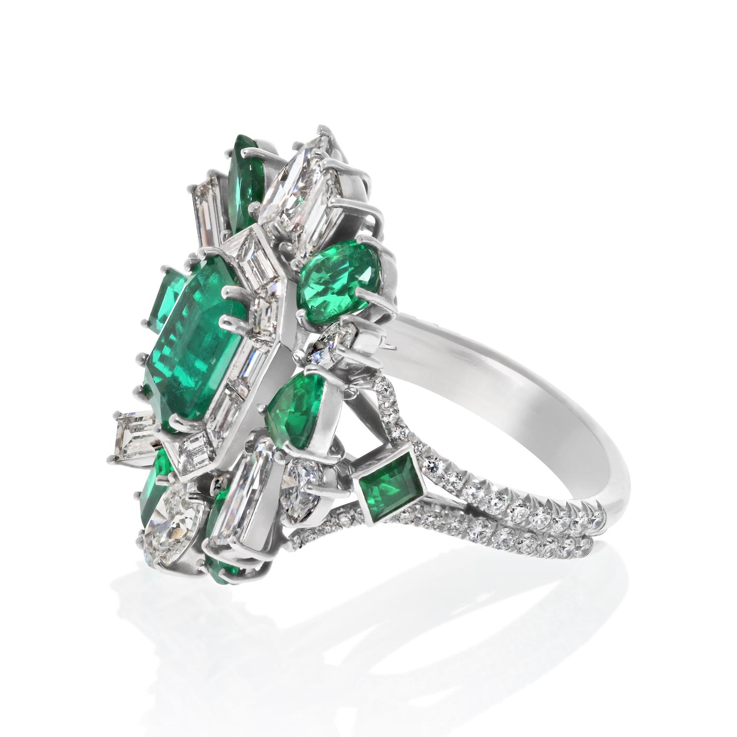 Modern Platinum Entourage 2.92ct Green Colombian Emerald And Diamond Cocktail Ring For Sale