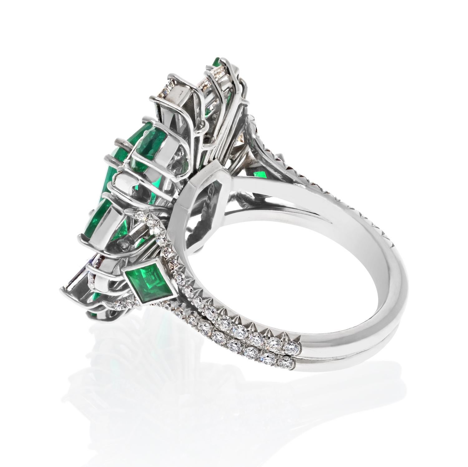 Emerald Cut Platinum Entourage 2.92ct Green Colombian Emerald And Diamond Cocktail Ring For Sale