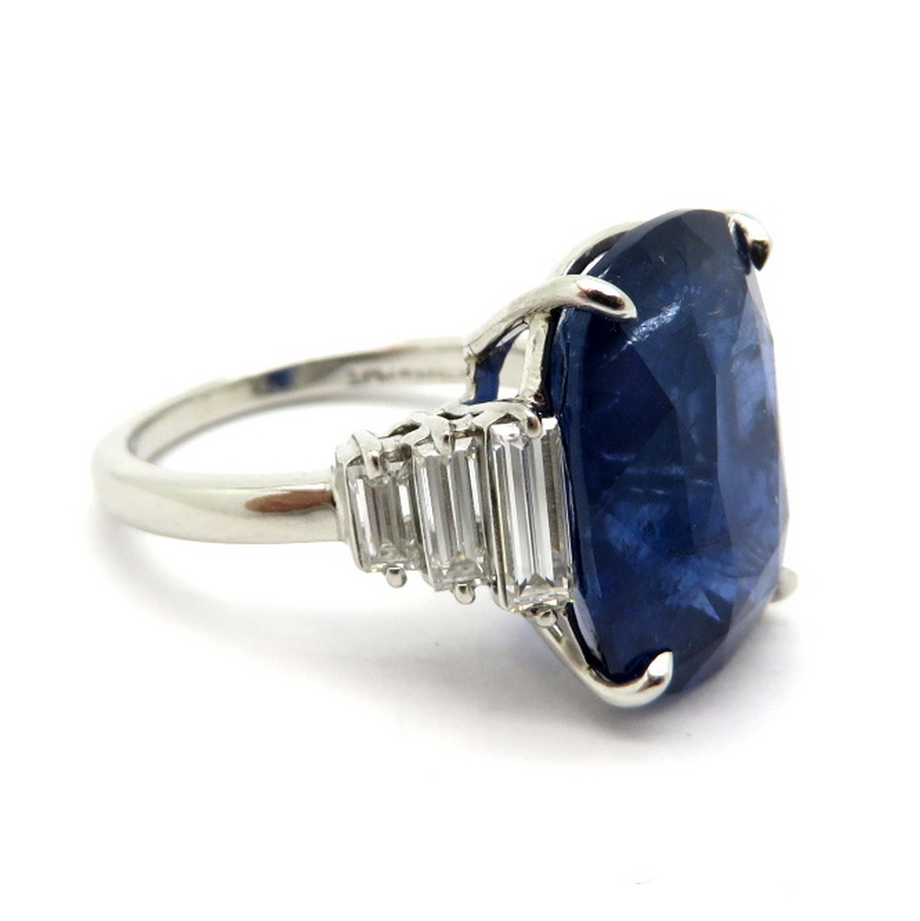 Cushion Cut Platinum Estate 12.92 Carat Cushion Sapphire and Baguette Diamond Fashion Ring For Sale