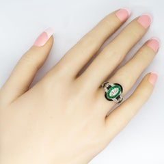 Platinum  Estate Art Deco Style Onyx, Emerald and Diamond Ring