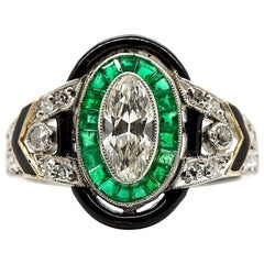 Vintage Platinum  Estate Art Deco Style Onyx, Emerald and Diamond Ring
