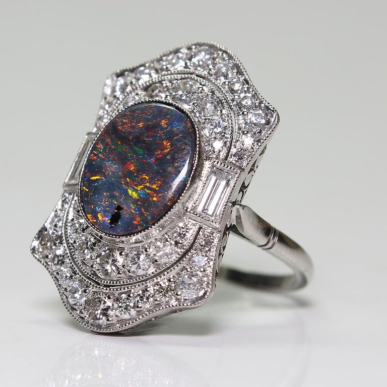 Platinum Estate Black Opal and Diamond Art Deco Style Ring For Sale at