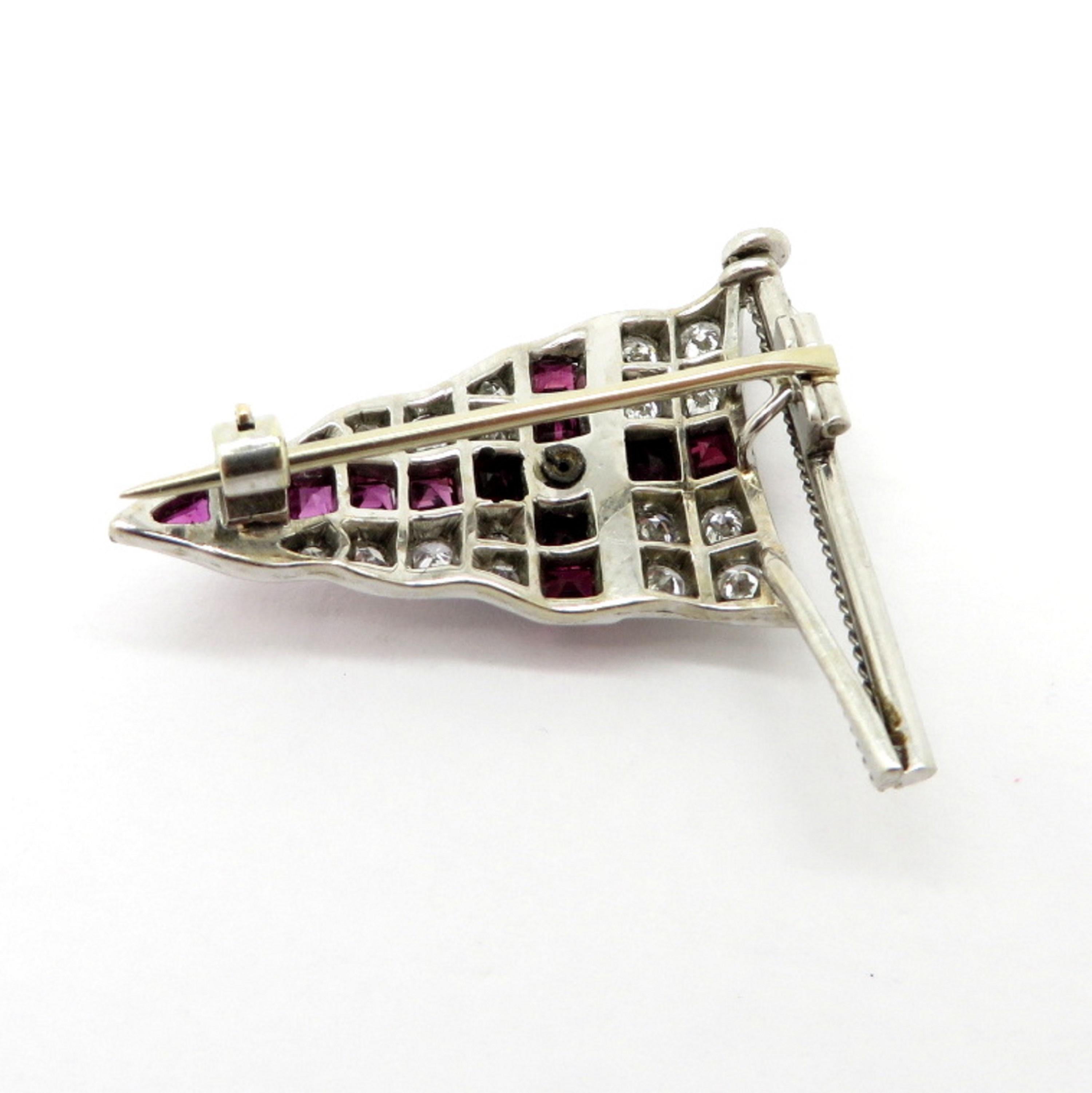 Platinum Estate Crown Flag Brooch Pin with Diamonds, Enamel and Synthetic Rubies In Excellent Condition For Sale In Scottsdale, AZ